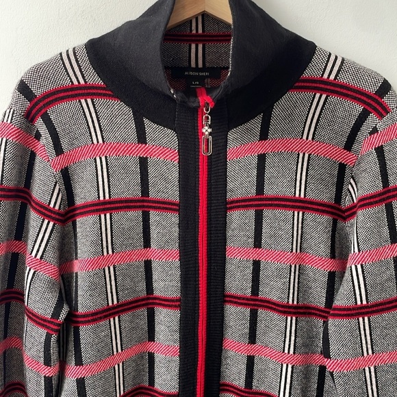 Alison Sheri plaid checkered cardigan jacket zip up L red white black collar - Picture 2 of 14